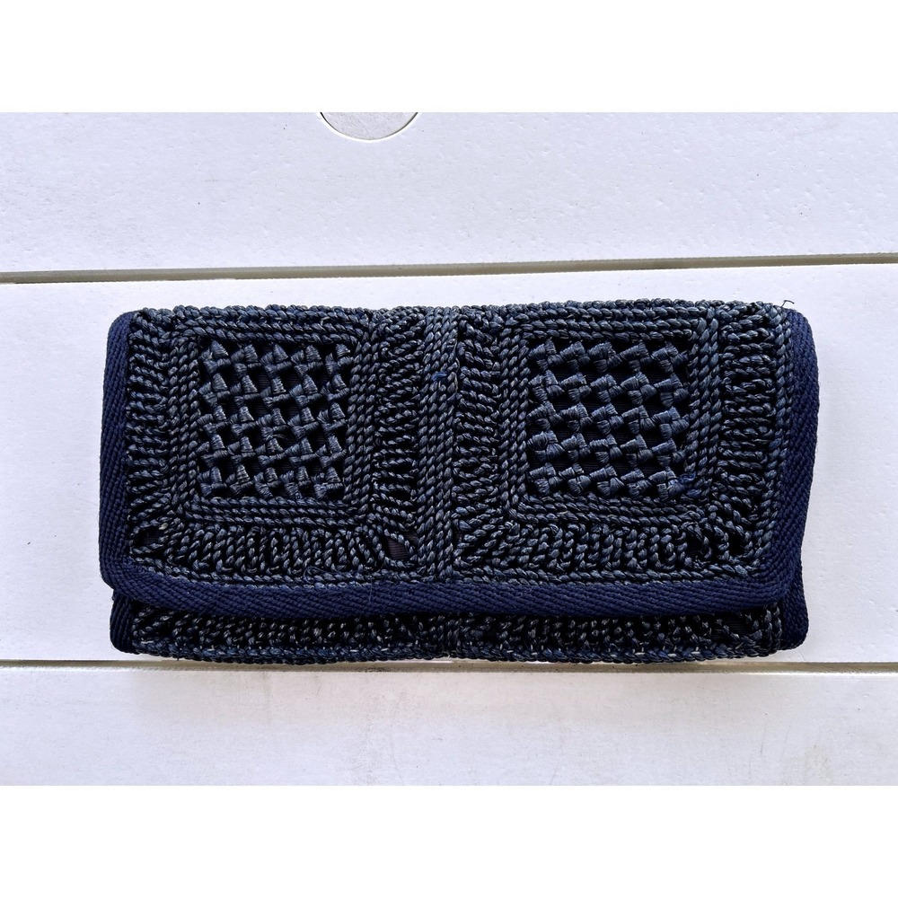 Vintage Valerie Made in Italy Navy Blue Woven Straw Raffia Clutch Evening Bag